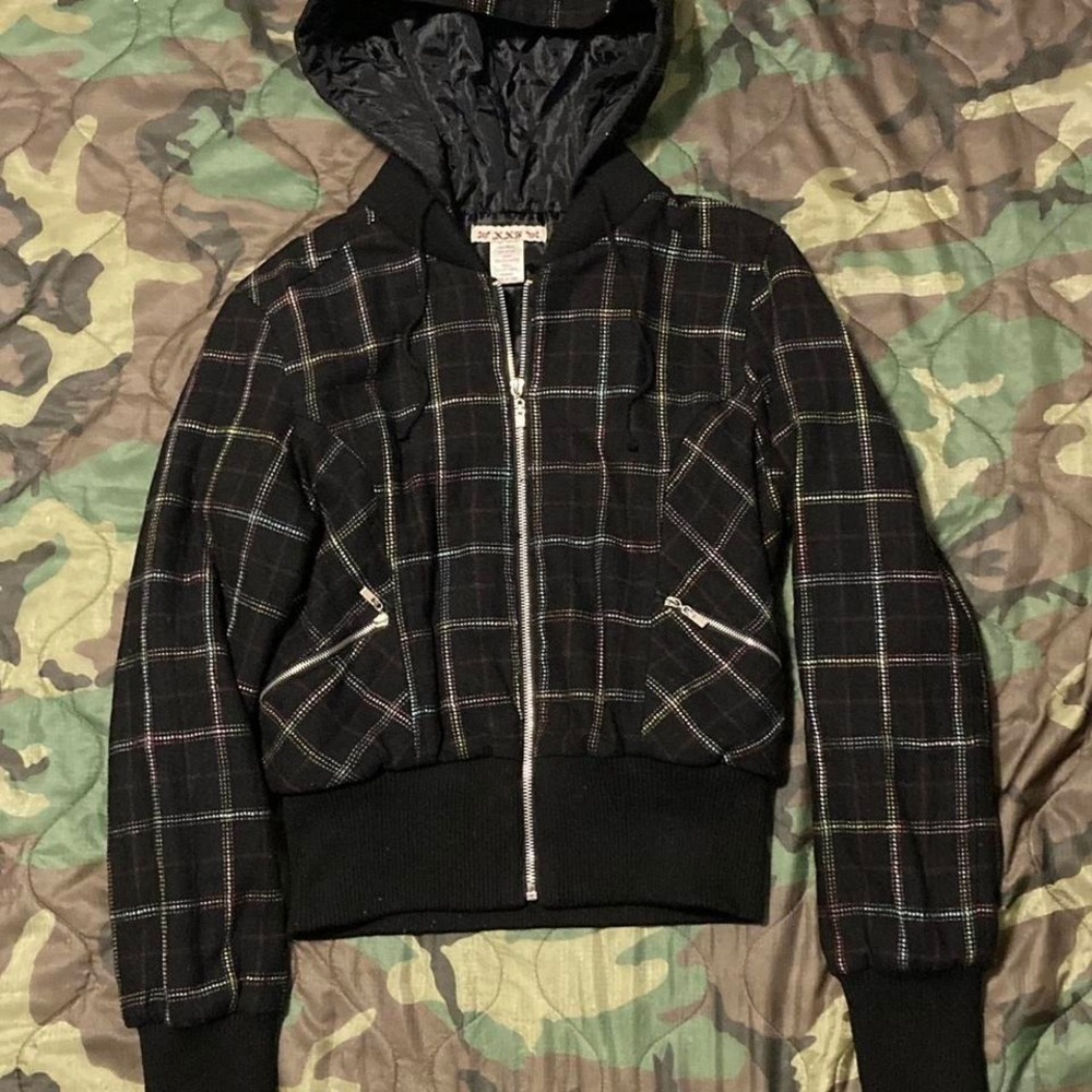 XXS plaid‎ wool hooded bomber jacket babydoll women's size L